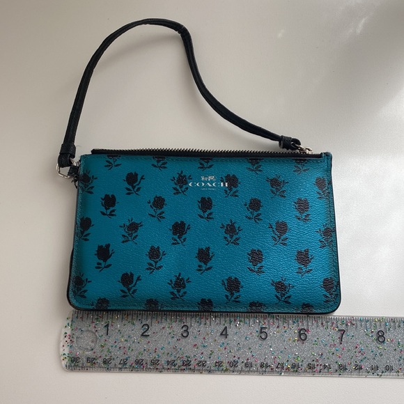 Coach Turquoise Zipper Wallet with Black Rose Pattern. - Picture 11 of 16